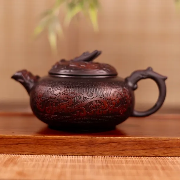 紫陶刻绘祥龙独占鳌头壶大容量茶壶国工大师限定泡茶壶