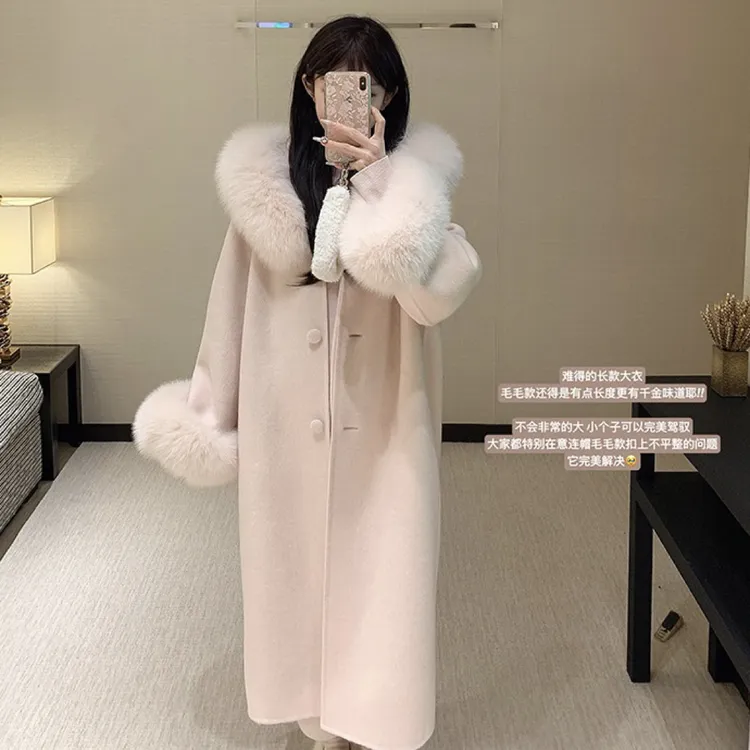 【柏林天使】2025高级领双面大衣女长款网红连帽狐狸毛冬季羊毛大衣