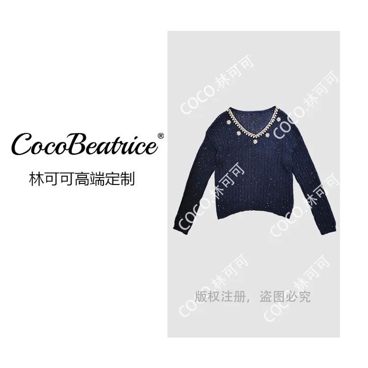 【COCO林可可】藏青色亮闪针织衫毛衣女春秋季设计师气质上衣jx5862