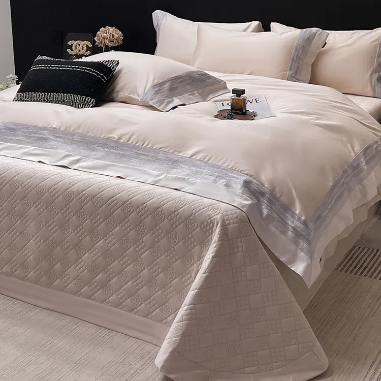 轻奢风A类长绒棉夹棉床盖款四件套纯棉全棉被套床单简约床上用品