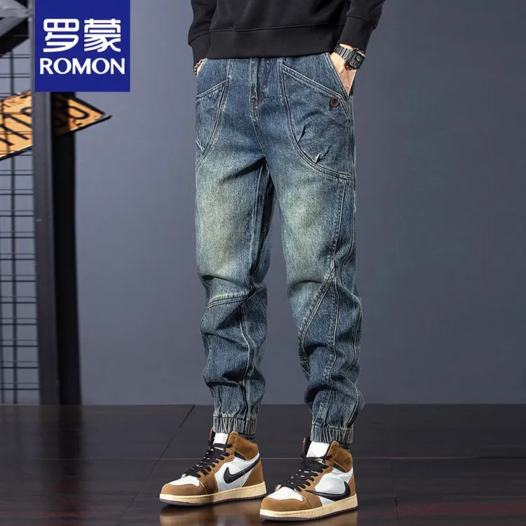 罗蒙高端拼接工装牛仔裤秋季2025新款宽松潮牌休闲束脚复古哈伦裤