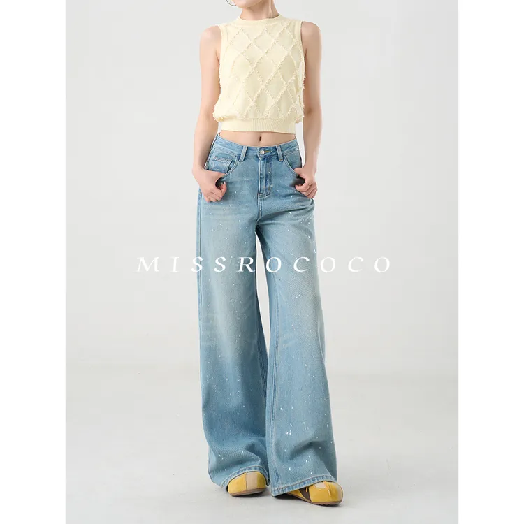 missrococo/洛可可小姐牛仔裤女手工甩色烫银工艺牛仔阔腿裤89270