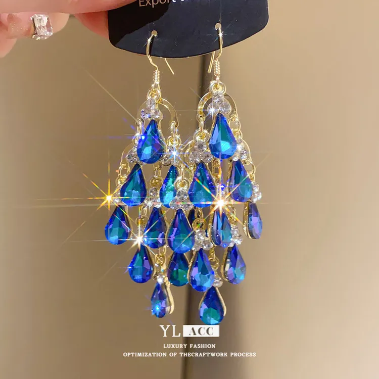 合金锆石耳饰 复古轻奢镶钻水滴流苏耳钩耳环法式宫廷风蓝色耳饰