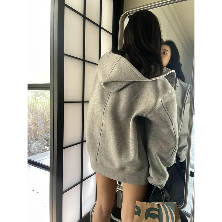 FOPJ美式复古灰色系重磅连帽衫卫衣女宽松百搭设计感开衫外套上衣
