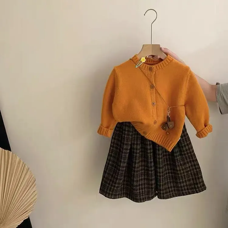 巨显白！女童韩系秋季开衫毛衣外套格子阔腿裤两件套