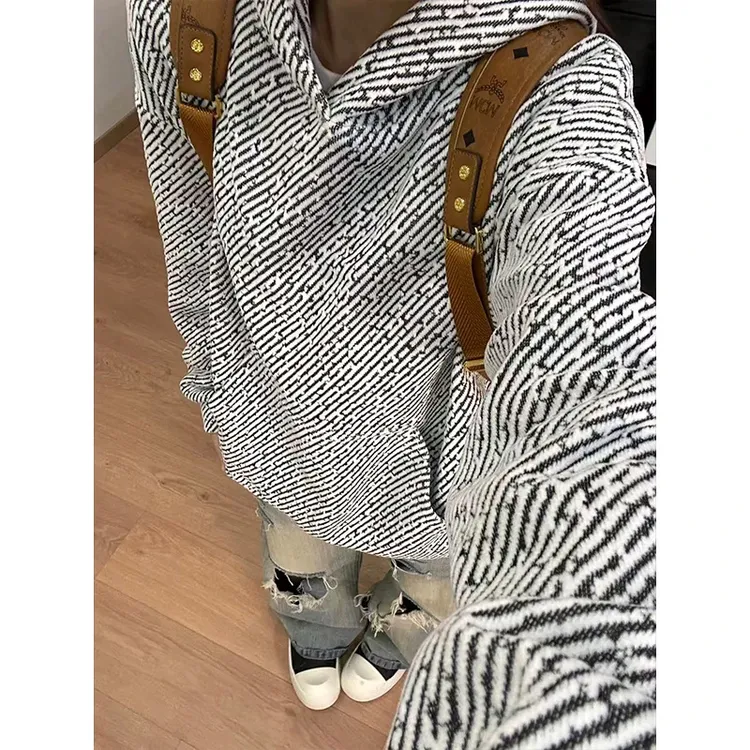 美式复古小香风连帽卫衣男款秋季设计感小众情侣外套条纹宽松上衣