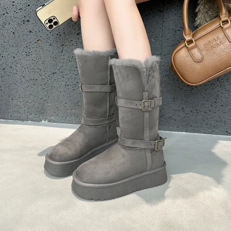 中筒扣带雪地靴女2025冬季新款东北毛毛加绒加厚保暖外穿厚底棉靴