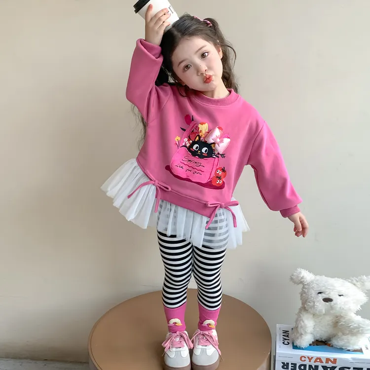 女童春秋季卡通卫衣套装2025新款儿童女孩宝宝秋装可爱条纹打底裤