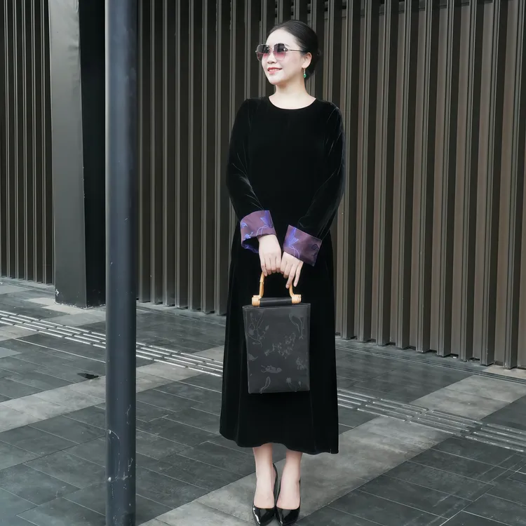 美爱真丝丝绒拼接香云纱连衣裙秋冬新款长袖新中式国风Q640