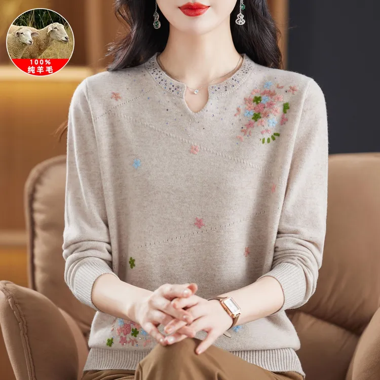 中年女士100%纯羊毛衫40岁50洋气妈妈秋冬新款宽松针织打底衫毛衣