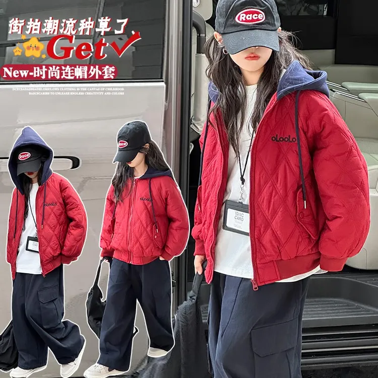女童连帽外套深秋初冬季新款中大童夹棉加厚夹克女孩网红冬装棉衣