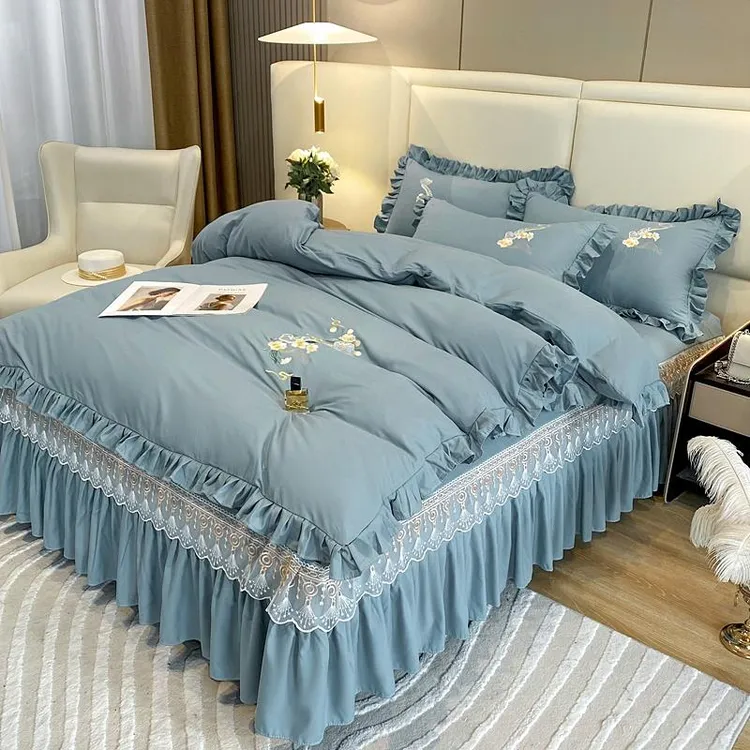 水星高端家纺欧式全棉纯棉蕾丝床裙四件套加厚网红款公主风荷叶边