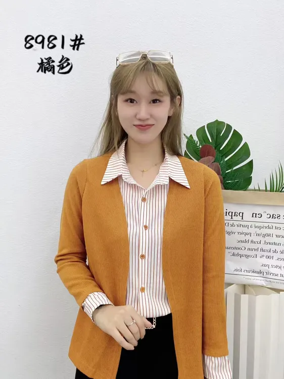 显瘦单排多扣假两件条纹百搭秋季衬衫时尚上衣女装打底翻领