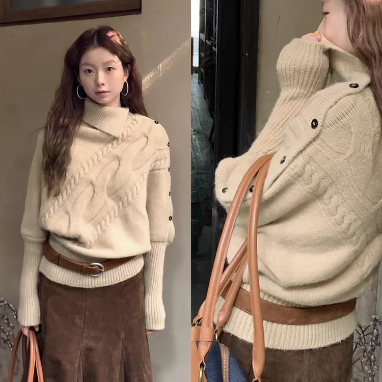 法式温柔风高领斗篷毛衣女宽松软糯高级感长袖针织衫Z 9866#