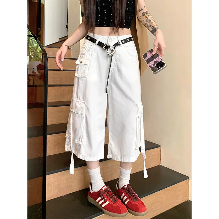 2025新款美式白色工装牛仔七分裤多口袋高腰阔腿直筒八分过膝短裤