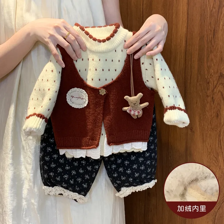 现货 女童一体绒毛衣加厚2025新款小童女宝宝洋气加绒长裤两件套