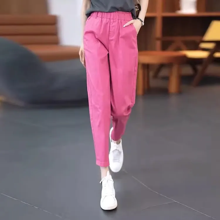 艾格玫红色八分烟管哈伦裤女2025夏季新款高腰直筒时尚薄款休闲裤