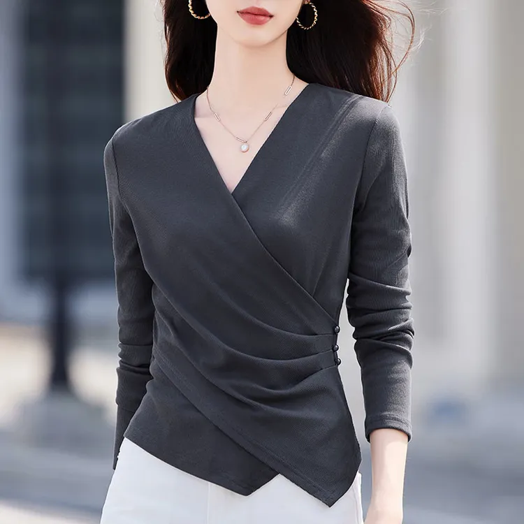 不规则V领长袖T恤女2025秋装新款交叉抽褶显瘦百搭灰色上衣打底衫