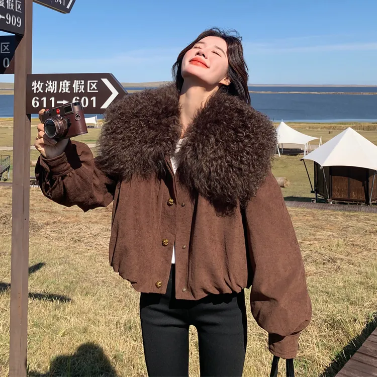 羊卷毛海军领美拉德羽绒服女冬季2025年新款小个子短款派克服外套