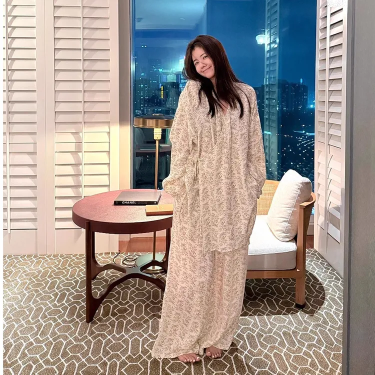 韩系ins 精致温柔甜美棉纱睡衣女春秋季款宽松长袖长裤家居服套装