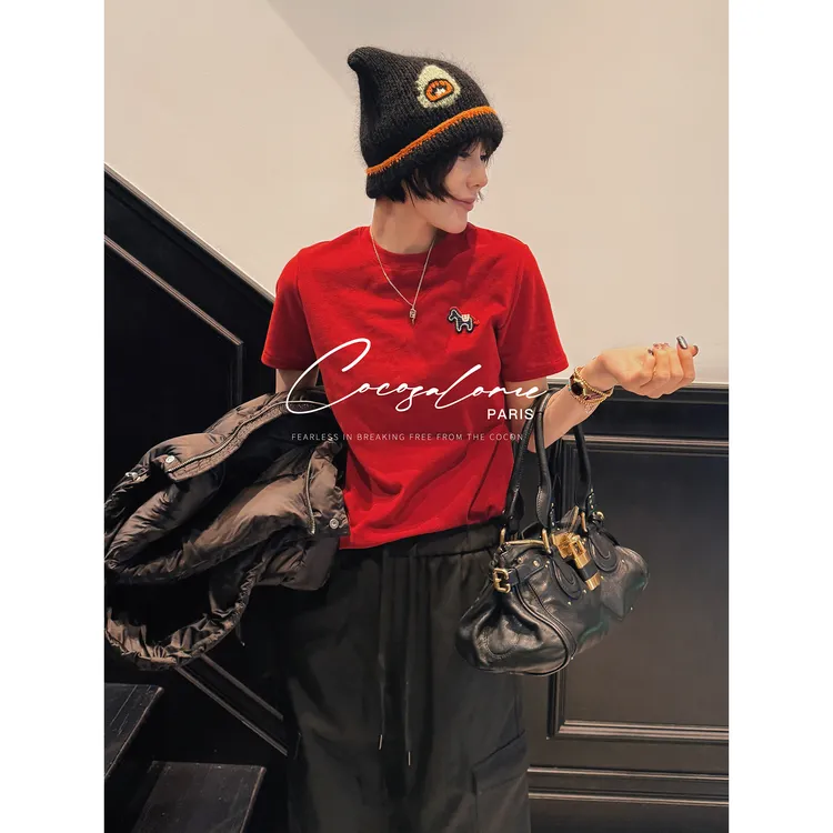 韩彬彬"马年吉祥"320g重磅潮流小马刺绣T恤女休闲百搭短袖955Y-8