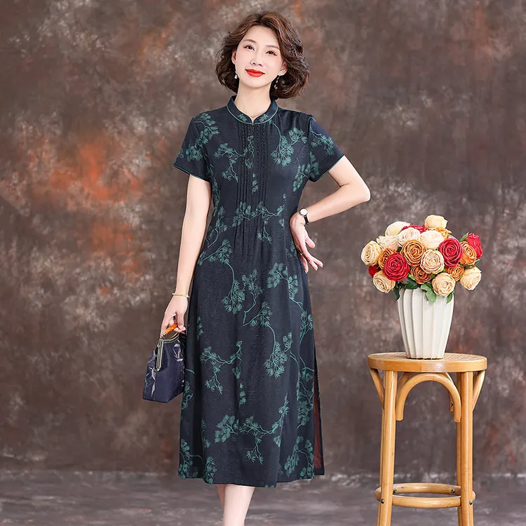 齐黛品牌国际大牌真丝连衣裙女2025春夏新款立领印花收腰桑蚕丝裙