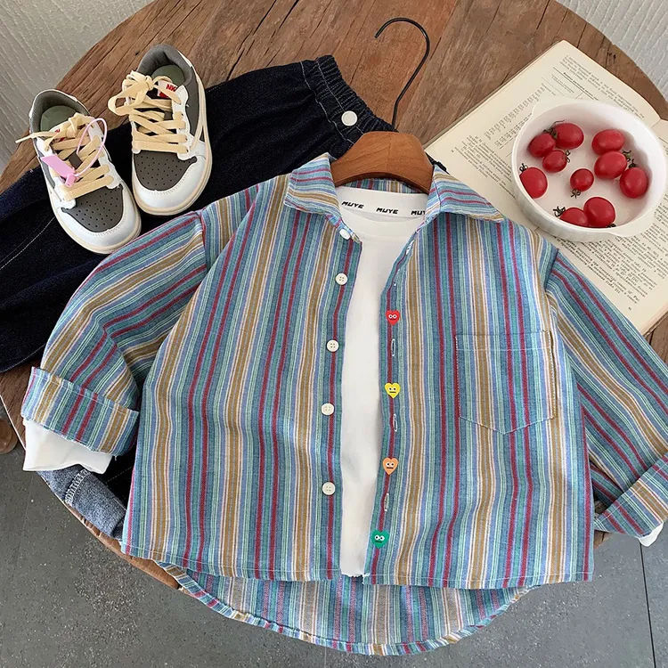 儿童春季衬衫2025新款复古纯棉衬衣服饰男童韩版彩色竖条纹长袖潮