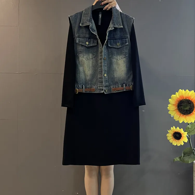 时尚简约宽松牛仔马甲长袖打底裙显瘦两件套