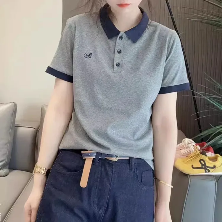 夏季POLO领拼色刺绣短袖T恤女2025新款休闲时尚百搭显瘦减龄上衣