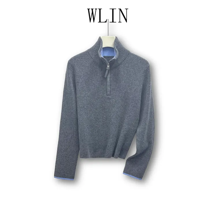 WLIN 百分百山羊绒立领撞色显瘦气质女士针织衫WL37230