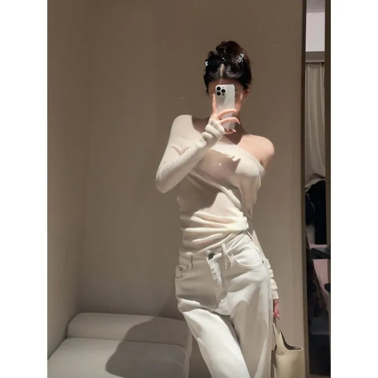 纯欲辣妹斜肩针织衫女秋冬性感修身显瘦内搭打底上衣休闲裤两件套
