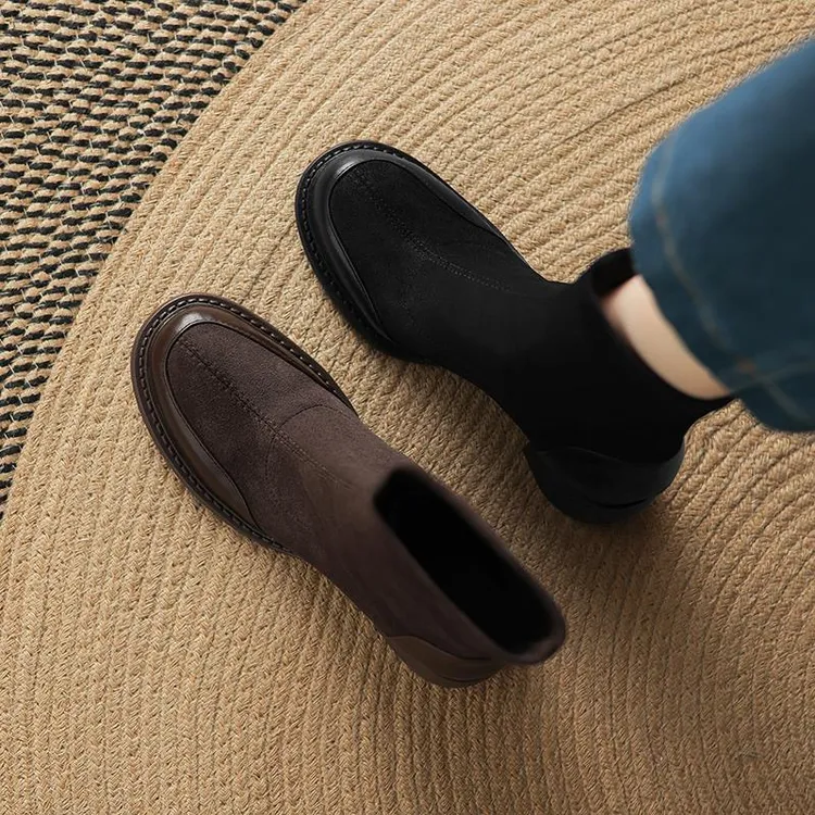 穿高跟鞋的吴大叔2025年新款真皮圆头短靴时尚百搭气质粗跟弹力瘦