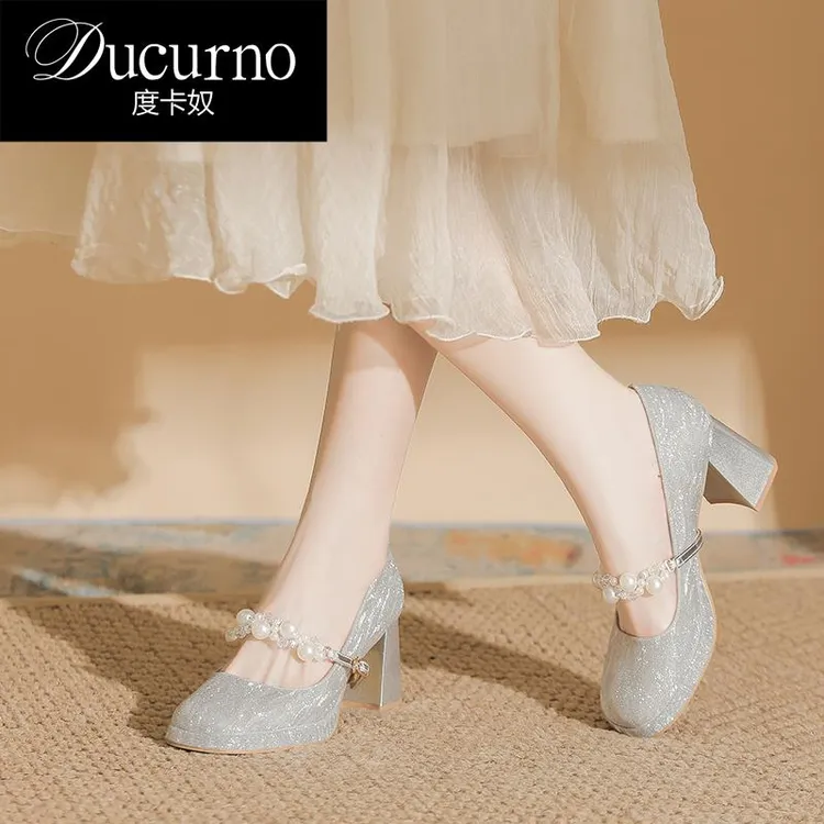 DUCURNO 法式水晶高跟鞋女婚鞋秀禾婚纱两穿珍珠扣带银色新娘鞋子