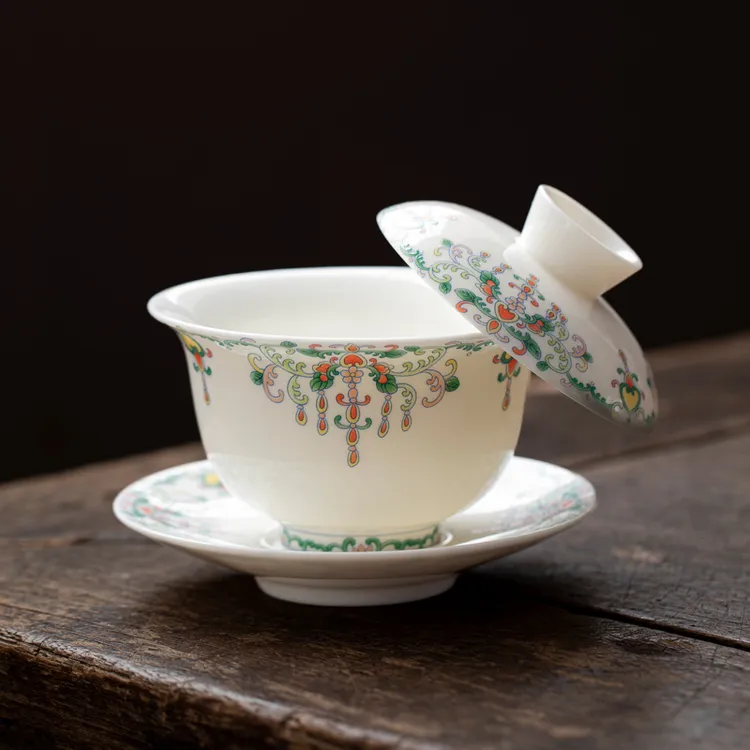 羊脂玉悬停旋转三才盖碗茶杯单个高档泡茶三件套大号白瓷陶瓷茶具