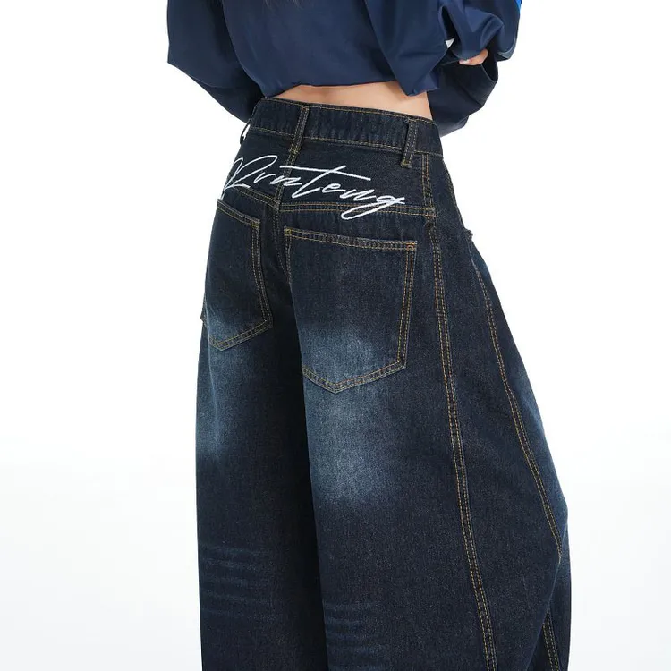 GL 美式刺绣情侣中性高腰水洗复古牛仔裤女阔腿宽松慵懒蓝灰秋冬