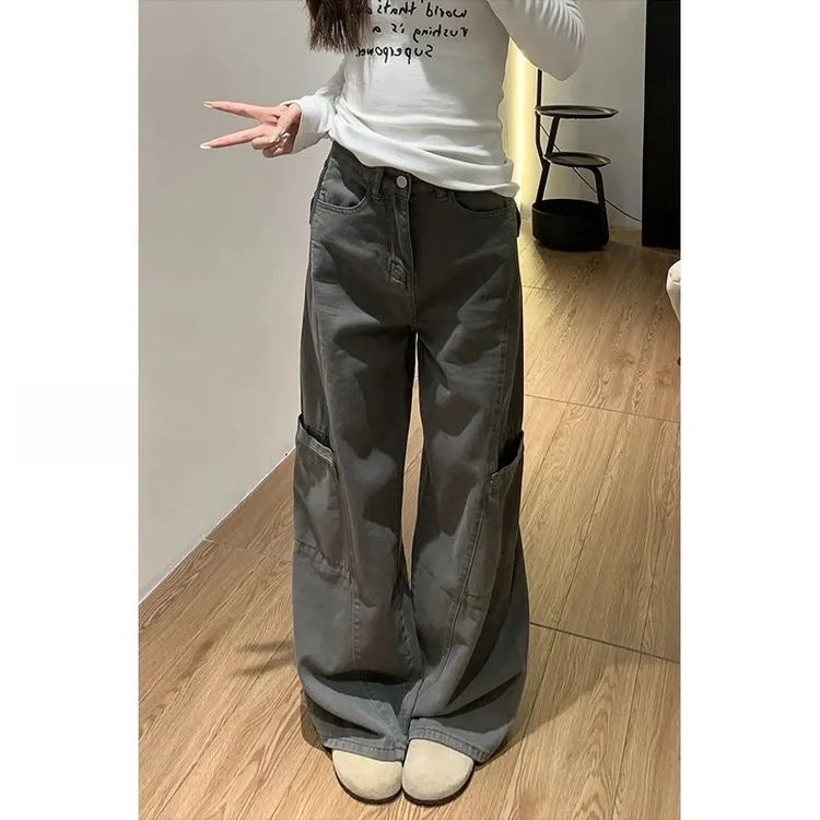 花乐集灰色阔腿工装裤子女新款宽松梨型身材高腰显瘦直筒牛仔裤