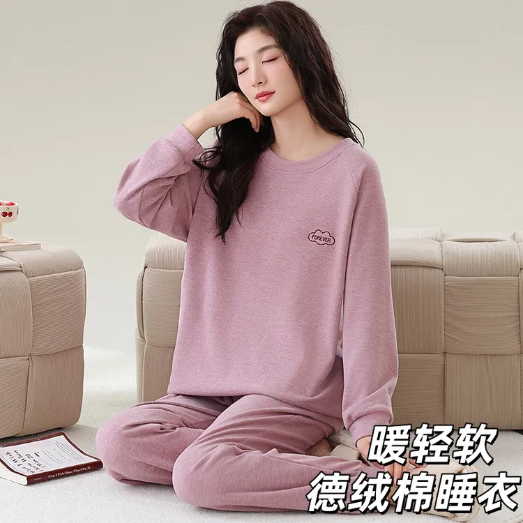 带胸垫秋冬季双面磨毛德绒睡衣女士可出门秋冬天长袖保暖家居服