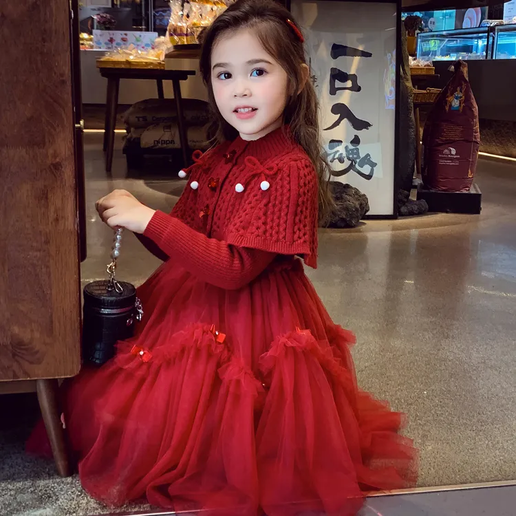 女童红色公主裙冬装2025新款儿童韩版针织披肩网纱连衣裙两件套