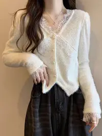 【瑶瑶专属】8990【衣长53】白色v领蕾丝打底衫秋装内搭毛衣高级性感
