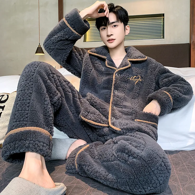 可外穿法兰绒秋冬加厚加绒套装新款珊瑚绒家居服睡衣男士宽松大码