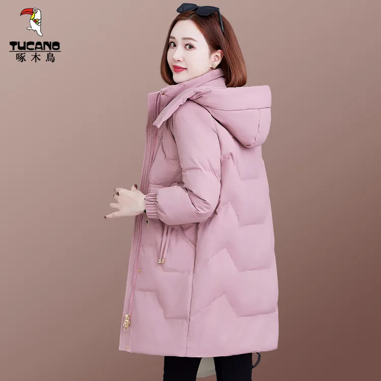 啄木鸟中长款羽绒服女冬季2025新款加厚保暖上衣休闲宽松连帽外套