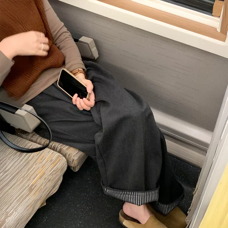 深灰色复古毛呢休闲裤女秋季新款胖妹妹mm高腰宽松显瘦垂感阔腿裤