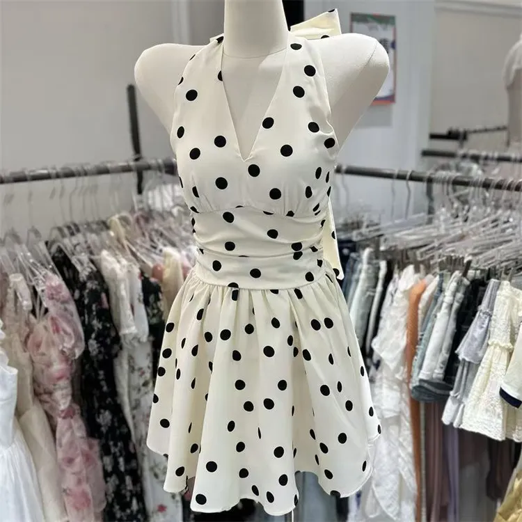 蝴蝶结绑带露背波点挂脖连衣裙夏新款甜辣收腰显瘦气质a字短裙子