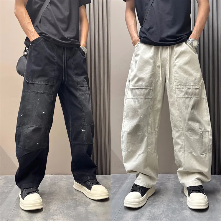 2025秋季拼接泼墨休闲裤宽松直筒阔腿脏脏长裤美式潮流痞帅弯刀裤