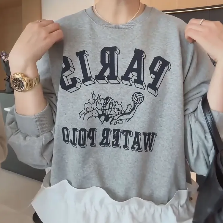 春季韩系拼接木耳边抽绳收腰长袖白色休闲印花字母卫衣LK2501565