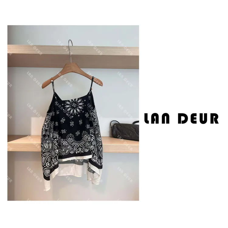 JIUJIU【甜氧少女】莱赛尔亚麻印花吊带背心时尚不规则下摆上衣女