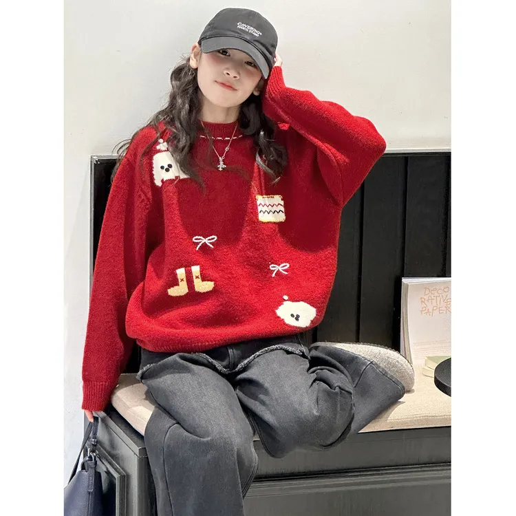 K30481女童红色毛衣秋冬装儿童加厚打底衫2025新款上衣红色新年装
