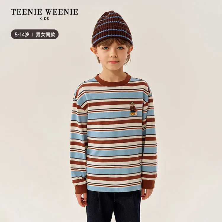 【达人专属】TeenieWeenie Kids小熊童装撞色条纹圆领长袖T恤TKLS257781I