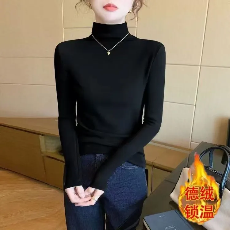 保暖打底衫女双面德绒百搭内搭秋冬洋气加绒加厚半高领修身长袖