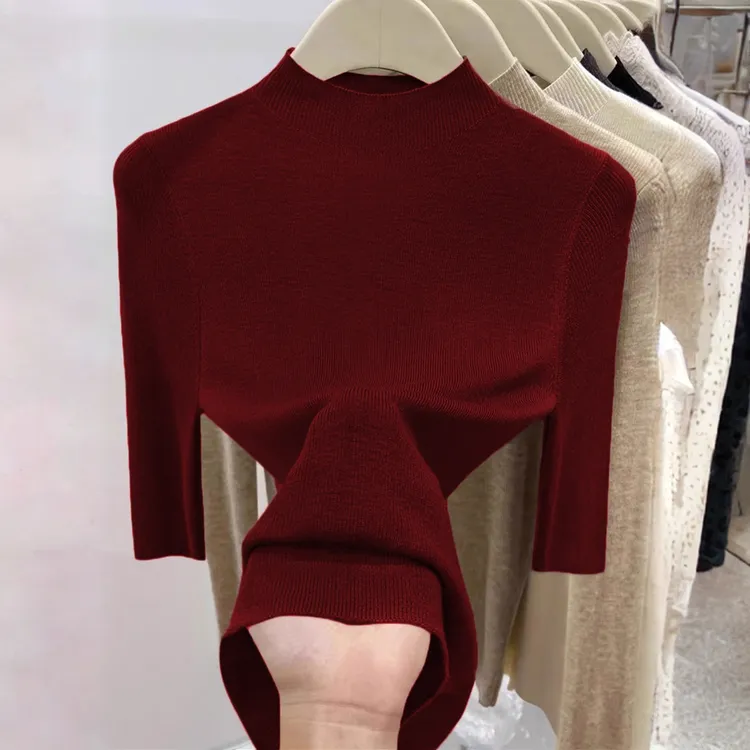 五分袖毛针织衫韩系软糯打底毛衣百搭洋气修身半高领显瘦气质上衣